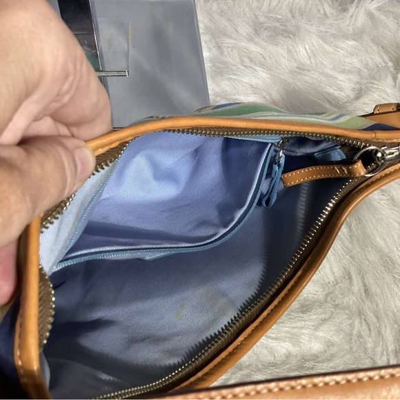 SOLD……COACH Blue Green Striped w/ Tan Leather Shoulder Bag L2J-9514 EUC - Picture 8 of 10